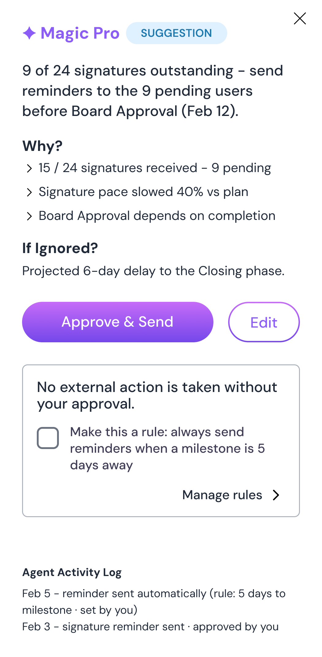 Magic Pro suggestion card - confident state, proposing Approve & Send